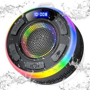 Enceinte Bluetooth Douche, Mini Enceinte Bluetooth 5.3 avec HD Mic, 360&deg; St&eacute;r&eacute;o Enceinte Portable, Lumi&egrave;re LED Haut Parleur de Douche avec Ventouse Puissante, &Eacute;tanche IP7 pour Salle de Bain,Ext&eacute;rieur (ALPHAMAZ LTD, neuf)