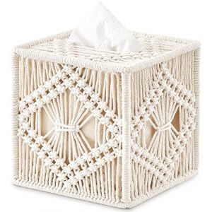 Mkono Bo&icirc;te &agrave; mouchoirs carr&eacute;e en macram&eacute; avec fond ouvert - Organiseur de mouchoirs en tissu boh&egrave;me fait &agrave; la main pour salle de bain, chambre &agrave; coucher, commode, salon (Mkono EU, neuf)