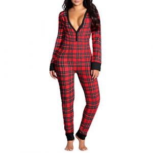 Loalirando Jumpsuit Femme Une Pièces à Manches Longues Vêtement de Nuit Pyjama Combinaison Pantalon Col V Sexy Tendance Cadeau Saint-Valentine (Rouge Carreaux, S) (Biu-clothing, neuf)