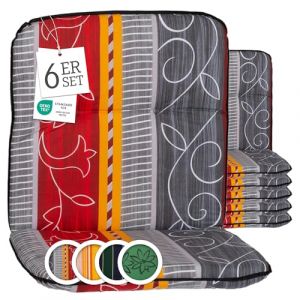 Beo Bali Elmira Lot de 6 coussins pour chaise de jardin à dossier bas - 96 x 47 cm - Gris, rouge, jaune avec vrille - Lavables et résistants aux UV - Coussins rembourrés respirants selon la norme (Gartenstuhl-Kissen, neuf)