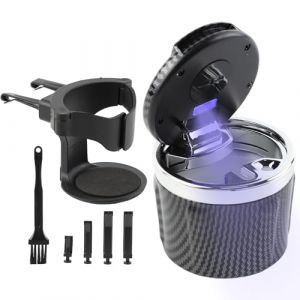 Geoyien Cendrier Voiture, Cendrier Voiture Anti Odeur, R&eacute;sistant aux Odeurs, avec Support et Brosse de Nettoyage, Lumi&egrave;re LED Automatique, Batterie Rempla&ccedil;able, Scell&eacute;, Ignifuge (Argent) (JIEENDA, neuf)