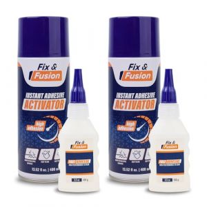FIX & FUSION Set Colle Super Glue (100 g) et Activateur Spray (400 ml) | Adh&eacute;sif Cyanoacrylate Rapide & Activateur Instantan&eacute; pour Bois, Plastique, Caoutchouc, M&eacute;tal & Bricolage, R&eacute;parations (2 Pack) (velunox, neuf)