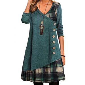Onsoyours robe pour femme, style d&eacute;contract&eacute;, manches longues, col en V, pull, robe &eacute;l&eacute;gante, automne hiver, patchwork, coupe crayon, robes, tunique, sweatshirt, Vert, M (Zeigood Mode, neuf)