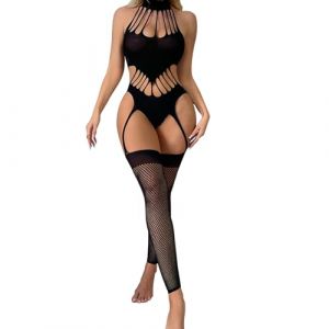 JENCVNL Femme Bodystocking Sexy R&eacute;sille Lingerie Fishnet Bodys Combinaison Ouverte R&eacute;Sille Bodysuit Babydoll Bas Dentelle Lingerie &Eacute;rotique pour Femmes (Noir 2) (Yinker Port, neuf)