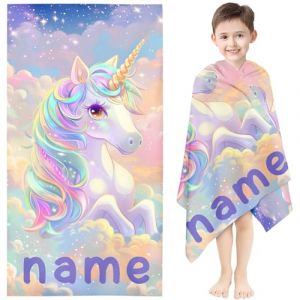 KIDSLOVE Serviette de plage licorne personnalisée avec nom, serviette licorne arc-en-ciel, serviette de bain avec nom licorne en microfibre, grande serviette de plage 100 x 200 cm, serviette de bain (YNFQH, neuf)