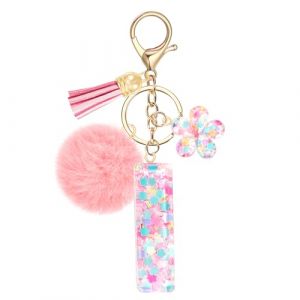 JSRQT Porte-clés Rose avec Initiale I pour Femmes Filles, Nom Porte-clés en Résine Lettres Alphabet à Paillettes et Fleurs, Pompons Pendentifs Bijou de Sac Keychain pour Sac à Main et Sac à Dos (JSRQT-JR, neuf)