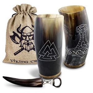 VIKING CRAFT Lot de 2 gobelets viking en corne à boire - Environ 350 ml + décapsuleur - Idéal pour le Met viking, comme décoration viking, cadeau viking pour hommes et femmes, article de fan de Viking (Craft and Trade, neuf)