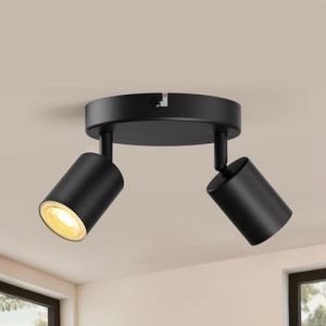 wowatt Plafonnier 2 Spots GU10 Noir, Spot de Plafond Orentable, Rampe Spots et Rails de Spots Moderne, Luminaire Plafonnier Pivotant, Applique Murale LED Rond pour Cuisine Salon Chambre (Sans Ampoule) (wowatt, neuf)