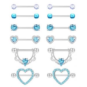 Diamday 6 Paires Piercing Teton pour Femme 316L Acier Chirurgical Langue Piercings 14G Piercing Tetons Hypoallergénique CZ Coeur Barbell de Téton Mamelons Piercings Langue Tétons Femme (Diamday, neuf)