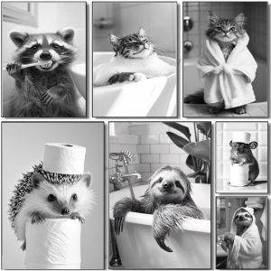 Poster Animaux Toilette Affiche Mural Noir et Blanc WC Tableau Toile Deco Salle de Bain Affiche WC Humour Photo sans Cadre (Bei Yi, neuf)