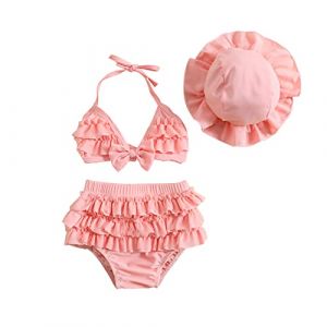 Maillot de Bain Nouveau-n&eacute; B&eacute;b&eacute; Fille 3 Pi&egrave;ces Floral Bikinis Triangle Top Culotte &agrave; Volants + Casquette de Protection Solaire Costume de Natation Plage Piscine (a-Rose, 18-24 Mois) (Haikouxunchuanhandianzishangwuyouxiangongsi, neuf)