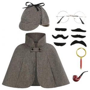 maxToonrain Costume de d&eacute;tective d'Halloween amusant avec cape/capes, chapeau Deerstalker + loupe + fausse barbe, d&eacute;guisement pour gar&ccedil;ons et filles (caf&eacute; fonc&eacute;, 6 pi&egrave;ces, 50 cm) (maxzoneuk, neuf)