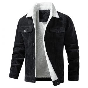 ZDJSWJ Hommes velours c&ocirc;tel&eacute; camionneur veste coton doublure laine bouton veste de travail Sherpa laine col chaud manteau militaire (Noir,XL) (ZDJSWJ STORE, neuf)