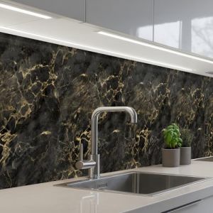 KitchenYeah&copy; Credence Cuisine Adhesive 60x350 cm Protege Mur Revetement Mural Adhesif Parement Interieur &Agrave; Coller Plaque Plastique Rigide Noir - Marbre - Or - Nerf (KitchenYeah, neuf)