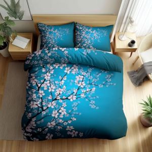 Parure de Lit Fleurs de Cerisier Roses Du Japon Housse de Couette r&eacute;versible 260x240cm et Taie d'oreiller, Bleu Microfibre Parure de Couette 2 Personnes avec Fermeture &Eacute;clair pour Enfant Ado et Adulte (Srigzcaly shop, neuf)