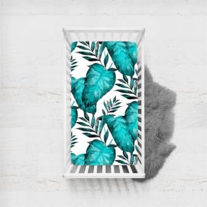 Odot Drap Housse pour Lit Bébé en Microfibre Doux Respirant, Drap Housses Enfant Imprimé Feuilles de Palmier Tropical Protège Matelas pour Berceau, Couffin et Nacelle (Bleu,65x95cm) (Odot, neuf)