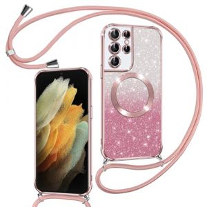 Phoona Couqe Magnétique pour Samsung Galaxy S21 Ultra 5G Con Cordon, Compatible avec MagSafe, Brillant Glitter Pailleté Antichoc Durable Résistante Etui Housse pour Samsung S21 Ultra 5G Bumper, Rose (WEST COAST KNITWEAR EU, neuf)