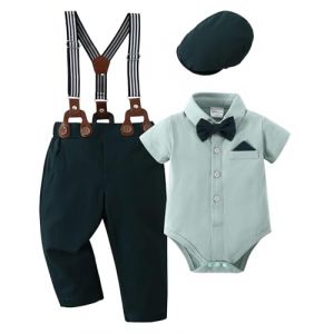 Amissz Tenue Bébé Garçon pour Bébés Costume Bapteme 0-18 Mois, Vêtement Mariage Bebe Chemise + Bretelle + Chapeau Gentleman Ensemble (Amissz-EU, neuf)