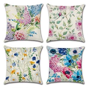 OCEUMACO Housse de Coussin 50x50 Fleurs Bleu D&eacute;coratif Housses Coussins pour Canap&eacute; Lit Chaise Salon Lot de 4 Fleuri Jardin Moderne Taie d'oreiller en Lin Boh&ecirc;me Scandinave - Multicolore (Oceum, neuf)