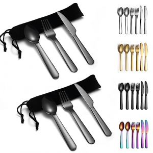 Evanda Ensemble de couverts portatifs noirs 2 paquets, y compris cuill&egrave;re de fourche &agrave; couteau, couverts de camping en placage noir de titane avec sac, pour l&rsquo;ext&eacute;rieur, photo-, camping (Shenzhenshi Yiwangda Jiajuyongpin Youxiangongsi, neuf)