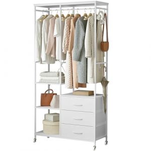 Mintnook Penderie Vetement, Armoire Chambre, Penderie Vetement Dressing, Portant a Vetement, avec tiroirs, roulettes et Étagères Réglables, Crochets, Blanc (Mintnook, neuf)