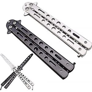 deuvuo Couteau papillon, 2 pi&egrave;ces Butterfly Knife100% Acier Inoxydable, Lame Non Tranchante Sans Danger Couteau Papillon Entrainement Balisong, Schwarz Und Silber (Deuvuo - EU, neuf)