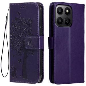 Topme &Eacute;tui en Cuir pour Honor 400 Smart (4G/5G) / Honor X7d (6.77" inches), [ Coque Housse de T&eacute;l&eacute;phone Style Motif Chat Et Arbre] - Violet fonc&eacute; (topme, neuf)