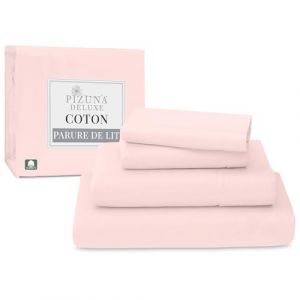 Pizuna 100% Coton Parure de Lit 180x200 cm Rose Clair, Tissu de Satin de Coton à 600 Fils au Pouce carré Comprend 1 Drap Housse, 1 Drap Plat, 2 Taie d'oreiller (Coton Draps 2 Personnes) (Pizuna Linens, neuf)
