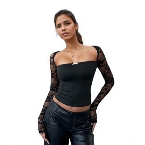 EMOTTOS Crop Tops Y2K Femmes, Sexy Semi-Transparents Dentelle et Maille ajour&eacute;e Patchwork Manches Longues Coupe ajust&eacute;e Encolure carr&eacute;e &eacute;chancr&eacute;e &eacute;lastiques Haut Shirt Court, Noir, S (CUMPARATURI ONLINE, neuf)