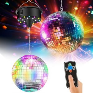 Boule à facettes avec moteur rotatif réglable 5/8/10/15 tr/min avec boule à facettes argentées de 15,2 cm, avec 4 lumières colorées et 18 perles LED pour effets de lumière disco (Fouvin, neuf)