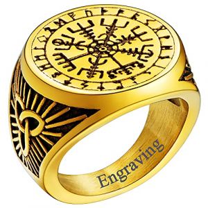FaithHeart Chevaliere Homme Pr&eacute;nom Personnalisable Viking Boussole Vegvisir Celtique Nordique 62 Bijoux Biker Punk Plaqu&eacute; Or (FaithHeart Jewellery, neuf)