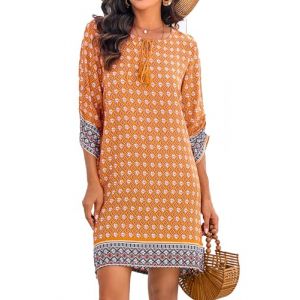 Zeagoo Robe d'&eacute;t&eacute; pour femme, motif fleurs boh&egrave;mes, robe tunique &agrave; manches 3/4, mini robe tunique ample, robe d&eacute;contract&eacute;e, Orange, S (Zeagoo direct, neuf)