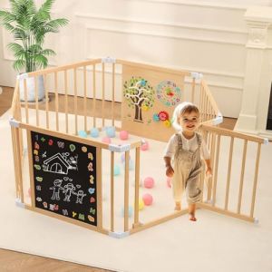 Parc en bois pour b&eacute;b&eacute; avec porte, cl&ocirc;ture de jeu amovible et extensible pour tout-petits, parc en bois avec craie, tableau blanc et jeux d'activit&eacute;s Montessori (6 panneaux, 158,8 x 142,2 x 66 cm) (OMYBaby Inc., neuf)