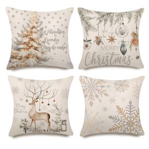 Housse de Coussin Noel Lot de 4, Coussins D&eacute;coratifs No&euml;l en Lin 40x40, Taie d'oreiller Noel D&eacute;corative avec Cerf Flocon de Neige Motif, Taie Coussin Deco en Hiver pour Salon Chambres Canap&eacute; Chaise (O&Uuml; Tsseropro, neuf)