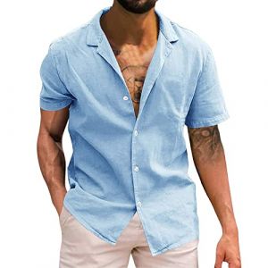 Duohropke Chemise de plage l&eacute;g&egrave;re et moderne pour homme - Chemise d'&eacute;t&eacute; confortable en coton stretch - Chemise &agrave; manches courtes - Boutons pression - Col montant - Chemise a&eacute;r&eacute;e en lin pour homme, (PANGCON, neuf)