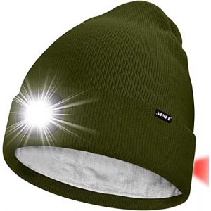 ATNKE Unisexe 8 LED Bonnet Lampe Frontale,USB Rechargeable Rouge Feu Arri&egrave;re Clignotant Chapeau de Course Lumi&egrave;re Chaud Polaire Doubl&eacute;e Tricot Bonnet Cadeaux pour Hommes et Femmes/Army Green (Memorye, neuf)