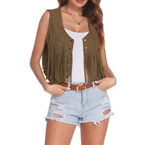2024 Gilet à Frange Hippie Femme été Haut Veste Manteau Frangé sans Manches Vintage Daim Chic et Elégant Casual Grande Taille Mode Ethnique Cardigan Leger Court Western Cowboy Extérieur Streetwear (GUnakd, neuf)