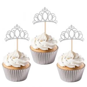24pcs D&eacute;corations Cupcakes en Forme de Couronne, D&eacute;corations de G&acirc;teaux &agrave; Paillettes Argent&eacute;es sur le Th&egrave;me la Reine des Neiges et la Princesse pour Filles Anniversaire Baby Shower Mariage (funysion, neuf)