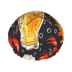 Bonnet de douche imprim&eacute; bi&egrave;re, &eacute;crevisse, imperm&eacute;able et r&eacute;utilisable avec bande &eacute;lastique pour femme (yanDSX6688, neuf)