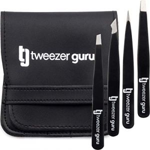 Pinces à épiler professionnelle (Set de 4), Tweezer Guru en acier inoxydable, épilation de précision pour les poils du visage, les poils incarnés, les échardes et l'extraction d'une tique (noir) (Beauté Be, neuf)