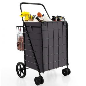 GYMAX Chariot de Courses Pliable à roulettes, Sac Amovible 120L + Petit Panier Arrière, Grand Caddie de Courses Robuste en Métal, Caddy de Courses pour Marché, Provisons, 60 x 61 x102 cm (GYMAX EU, neuf)