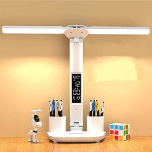 KISUFU Lampe de bureau LED à double tête avec horloge et écran de température, 3 températures de couleur, lampe de table de 3200 mAh avec porte-stylo, contrôle tactile, pour le bureau à domicile (Immortality980, neuf)