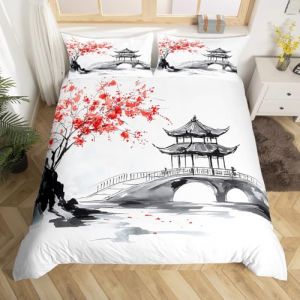 Homemissing Japonais Ukiyo - E Parure de Lit Sakura Feuille d'érable Housse de Couette 140x200cm Enfants Garçons Filles Encre Japonais Couverture de lit Style Paysage Peinture Style Literie Set (Bofanshangmao, neuf)