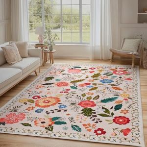 Tapis Salon Lavable en Machine, Motif Floral Vintage, Tapis de Chambre &agrave; Poils Courts, Antid&eacute;rapant et Doux, Id&eacute;al pour Bureau ou Chambre d'enfant, Beige et Rose, 160x220cm (Puremy-FR, neuf)