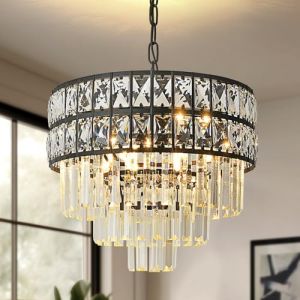 Lustre moderne en cristal noir, suspension contemporaine en forme de goutte d'eau, suspension ronde en cristal pour la salle à manger, la cuisine, le salon, la chambre à coucher, l'entrée, ∅38 cm (SEENVLOG, neuf)