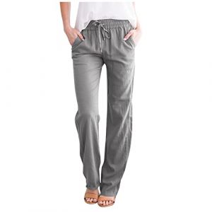 Femme Lin Pantalon Coton Lin Pantalon L&eacute;ger Casual Elegant Pantalon &Eacute;lastique Pantalon D&eacute;contract&eacute;e Fluide Couleur Unie Mode Pants avec Poches Grande Taille Pantalon de Jogging &agrave; Cordon (Blingko, neuf)