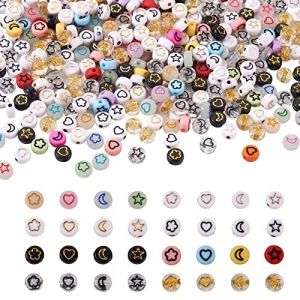 Cheriswelry Lot de 940 perles rondes plates en acrylique avec &eacute;toile, fleur, lune, c&oelig;ur - Pour la fabrication de bijoux et de bracelets (8 styles), Argent (Cheriswelry EU, neuf)