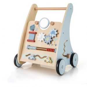 GOPLUS Chariot de Marche Bébé en Bois, Trotteur d'Activités Éducatives avec Blocs Interactifs, Rangement, Pousseur Bebe pour Motricité, Jouet Montessori pour Garçon Fille 3+Ans (Augenstern24, neuf)
