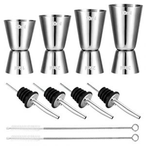 4 PCS Doseur Jigger Cocktail 30/40/50/60ml Doseur à Alcool en Acier Double Inoxydable Tasse à Mesurer Doseur Alcool avec 4 becs verseurs et 2 brosses, pour Bar Maisons Fête Gin Shaker (Style A) (EcoCoating OÜ, neuf)