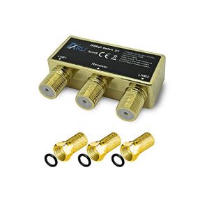 ARLI DiSEqC Interrupteur 2/1 plaqu&eacute; or + 3 fiches F &ndash; Commutateur pour 2 LNB avec bo&icirc;tier de protection contre les intemp&eacute;ries DVB-S2 HDTV 4K (AM Sat Shop, neuf)